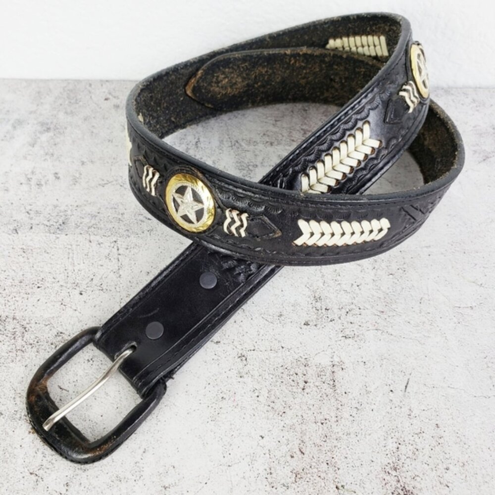 Vintage Western Bohemian Tooled Leather Belt Whipstitch Conchos size 30